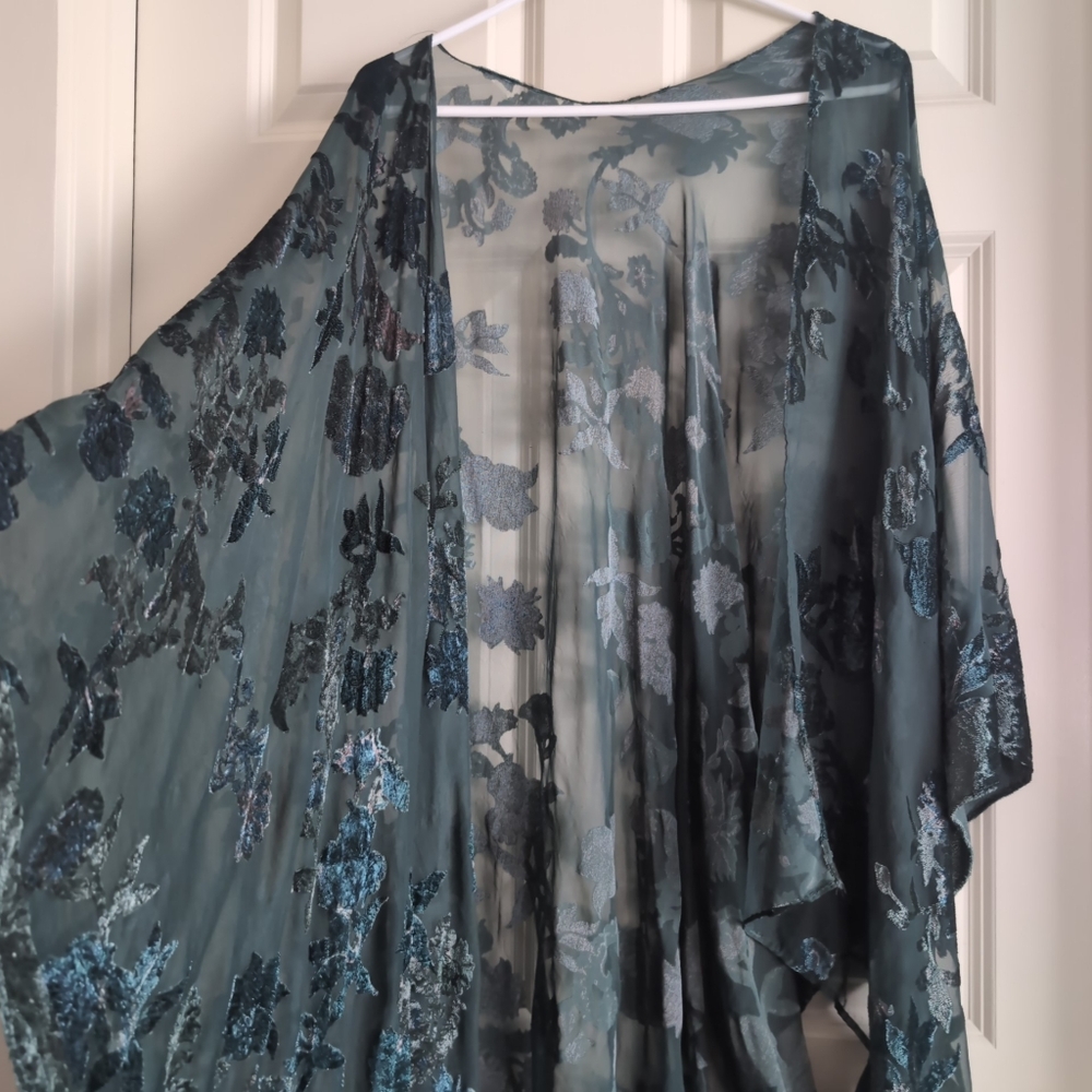 Green boho whimsigoth fairy grunge burnout velvet sheer mesh kimono